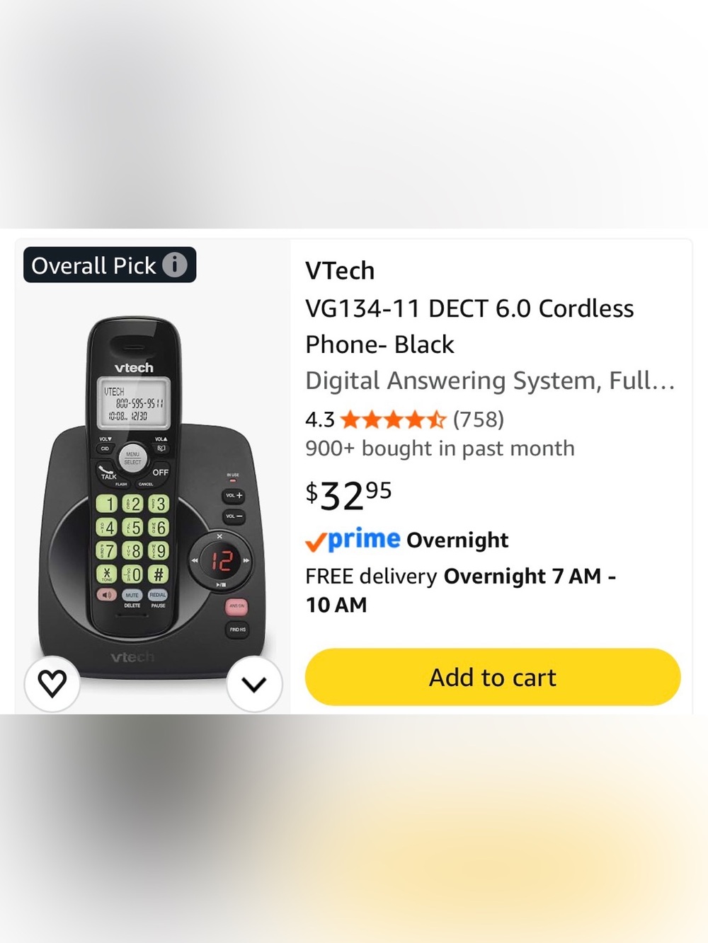 VTech VG134-11 DECT 6.0 Cordless Phone — Black